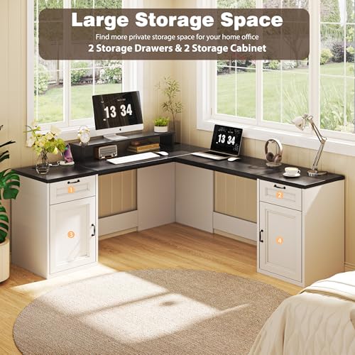 HUAHUU 78" Farmhouse L Shaped Executive Desk with Drawers, Modern Computer Desk with Power Outlets, Office Writing Desk with Monitor Stand & Storage Cabinet, Printer Shelf, Antique White - color: Black and White