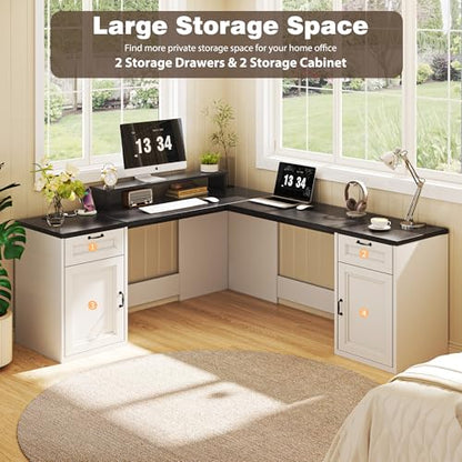 HUAHUU 78" Farmhouse L Shaped Executive Desk with Drawers, Modern Computer Desk with Power Outlets, Office Writing Desk with Monitor Stand & Storage Cabinet, Printer Shelf, Antique White - color: Black and White