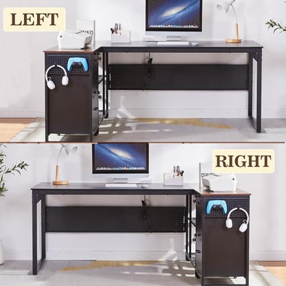70 Inch Reversible L Shaped Desk with Drawers,Executive Desk with Power Outlet, Lockable File Drawer and Storage Shelves,L Shaped Office Desk with Pegboard,Large Corner Desk for Home Office (70.5")