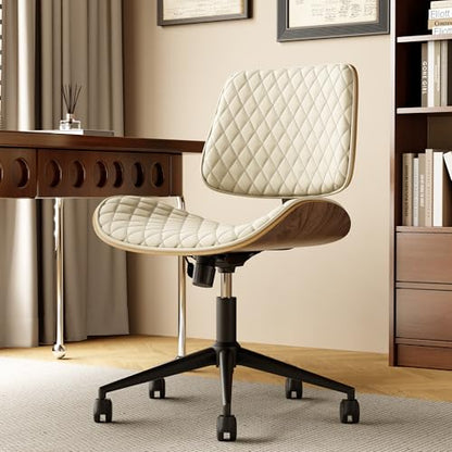 Armless Desk Chair with Wheels, PU Leather Rolling Office Chair, Adjustable Height Mid Back Computer Chair, Ergonomic Walnut Curved Seat, 360° Swivel Home Office Chair for Small Spaces (All-White) - color: All-white