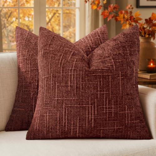 MIULEE Chenille Textured Fall Throw Pillow Covers Rust 18x18 Set of 2 | Slubby Decorative Pillows, Boho Farmhouse Rustic Home Decor, Modern Neutral Cushion Covers for Couch Sofa Bed Living Room - color: Rust, size: 18" x 18" (Pack of 2)