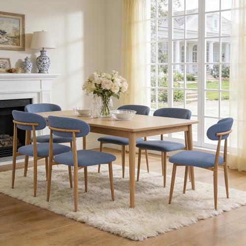 FREKEN Modern Upholstered Dining Chairs Set of 6, Mid-Century Metal Frame with Wood Grain, Linen Fabric Side Chair for Kitchen Dining Room, 350lbs Capacity, Blue - color: Blue - Wood Grain Legs, size: Set of 6