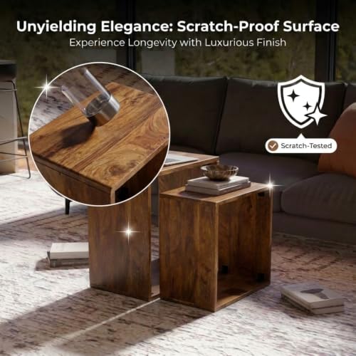 Relso Cascade Nesting Tables for Living Room with Premium Sheesham Wood Construction | Nesting End Tables with Smooth Curved Edges for Safety and Sophistication | Solid Wood Nesting Tables Set of 2 - color: Sheesham Natural