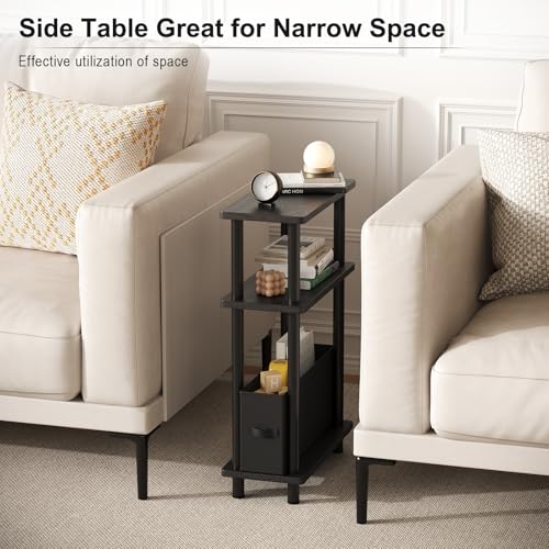Apicizon Narrow Side Table with Fabric Basket, 3-Tier End Table, Black | Sofa Side Table, Wood Storage Shelf, Slim Nightstand, Skinny Bedside Table for Narrow Spaces, Living Room, Bedroom - color: Black, style: Narrow Side Table with Basket