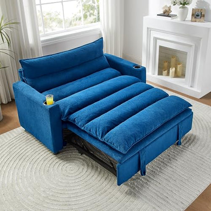 SLEERWAY 3 in 1 Convertible Sleeper Sofa Bed, 56.3" W Easy Pull Out Couch Bed with Dual Cup Holders, Comfy Thick Padding Futon Loveseat with Adjustable Backrest for Living Room Small Space (Blue) - color: Blue, size: 56.3"