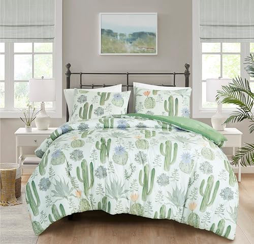 Chezmoi Collection Cereus 2-Piece Southwestern Serene Desert Comforter Set - Green Blue Cactus Succulent Plant Printed Washed Microfiber Bedding, Twin - color: Green Cactus Succulent, size: Twin