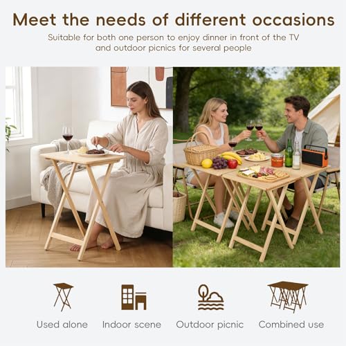 Foldable TV Tray Table Set of 4 with Sturdy X-Base, Space Saving, Wooden Dinner Trays for Dining, Snacking, Picnics & Home/Office,14.5 L x 19 W x 26 H inch, 4-Pack