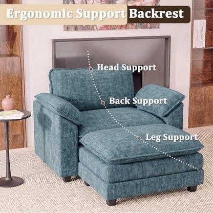 JUMMICO 40" Chaise Lounge Chair with Ottoman, Single Sofa Chair, Dark Blue | Comfy Chenille, Double Layer Cushion, Wide Armrest, Deep Seat, High-Density Foam, Reading Chair for Living Room - color: Dark Blue, size: Single Sofa Chair