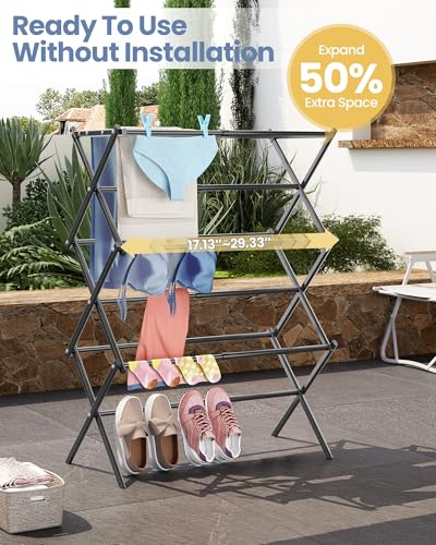 Oversize 3-Tier Clothes Drying Rack, No Install, Black | Expandable Design, Non-slip feet, Tool-free Setup, Rust Prevention, Sturdy Construction, 14.9" D x 29.3" W, Holds 24lbs - color: Black