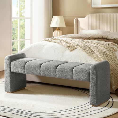 55" Upholstered End of Bed Bench with Rubber Wood Legs,Entryway Ottoman with Thick Padded Cushion for Bedroom and Living Room，Grey - color: Grey