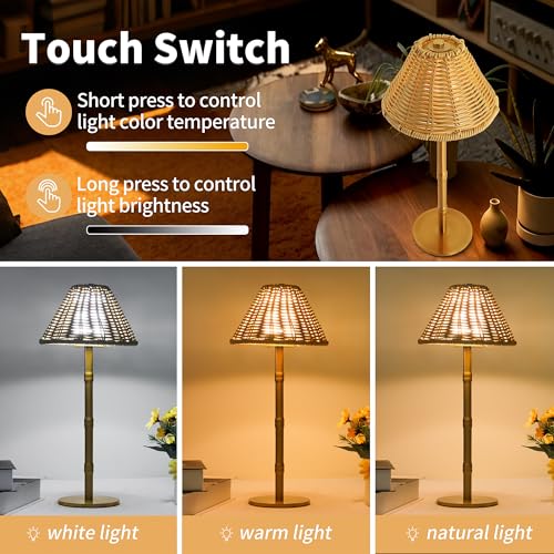 Mr.White Rechargeable Cordless Table Lamp with Wicker Shade, 5200mAh Battery Operated Portable Table Light with Touch Control, for Patio Restaurant Kitchen Dinner (Gold) - color: Gold+Wicker Lampshade