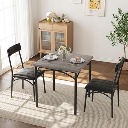 GarveeLife 3-Piece Dining Table Set for 2, Square Kitchen Table & Chairs | Upholstered, Space-Saving Square Kitchen Table Set, Compact Dining Room Furniture for Apartment, Studio - color: Grey