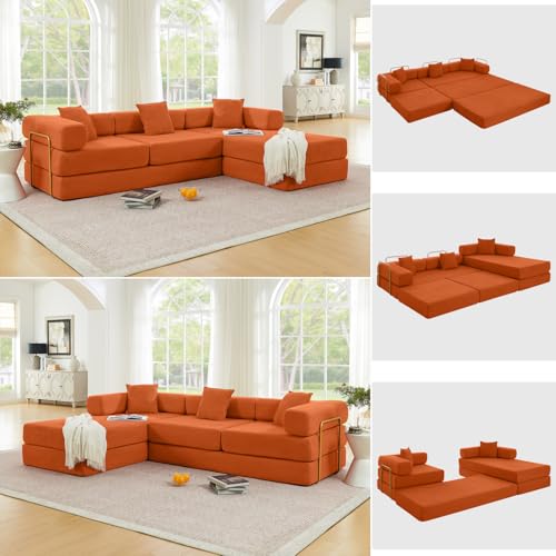 HANXIN 108" Modular Sectional Sofa,Futon Convertible Sofa Bed,Oversized Corduroy Boneless Couch for Living Room,Floor Loveseat Sleeper with Pull Out Bed,Free Combination,No Assembly Required (Orange) - color: Orange, size: 108" L-Shaped Sofa Bed
