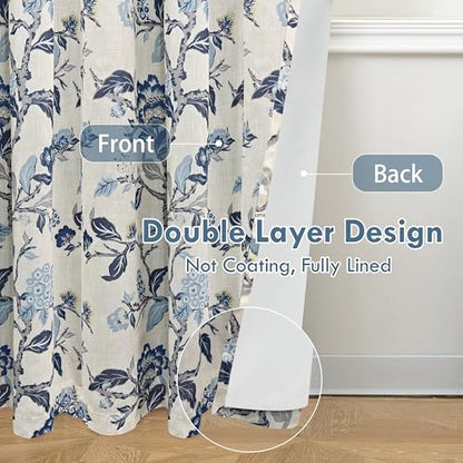 DriftAway Ada Floral Botanical Print Flower Leaf Lined Thermal Insulated Room Darkening Linen Blend 100% Blackout Back Tab Window Curtains 2 Layers Set of 2 Panels Each 52 Inch by 63 Inch Navy - color: Navy-back Tab, size: 52"W x 63"L (Pack of 2)