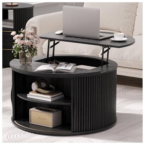 JOINICE Round Lift Top Coffee Table with Storage for Living Room,Black | 31.5" Drum Design,Hidden Storage&Open Shelf,Modern Fluted Center Table for Small Apartments,Easy Assembly,Up to 150 lbs - color: Black_round (Lift Top)