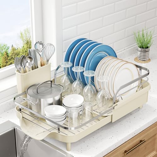 SNTD Expandable Dish Drying Rack for Kitchen Counter, 15.2-22.1 in, Beige | Rust-Resistant Stainless Steel, Protective Side Rails, Self-Draining Drainboard, Removable Utensil Holder - color: Beige