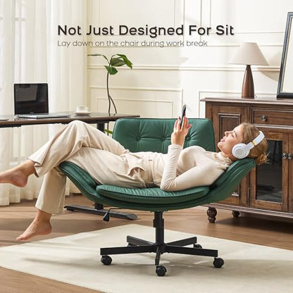 amseatec Criss Cross Office Chair, Swivel Makeup Vanity Chair with Wheels | Wide PU seat supports cross-legged, fidget-friendly sitting; 5-level armrests create pet space; wipe-clean finish eases care - color: Green