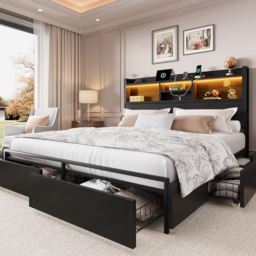 Queen Size Bed Frame with 6 Storage Drawers and Headboard Wooden Platform Bed Frame with LED Lights and Charging Station Easy Assembly/No Box Spring Needed/Black - color: Black, size: Queen