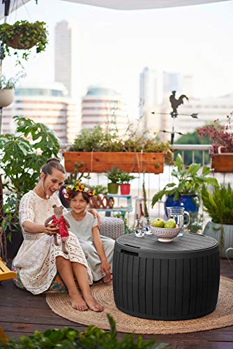 Keter Circa 37 Gallon Wood Panel Style Round Outdoor Deck Box and Storage Table, Grey - color: Grey