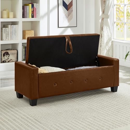 Storage Bench, 48‘’ Upholstered PU Leather Ottoman Bench with Button-Tufted, Folding Bedroom Bench with Wood Legs, Entryway Bench for Bedroom, Brown - color: Brown