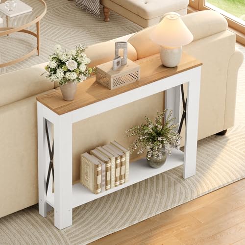 Farmhouse Console Table, 39.4'' Small Narrow Entryway Table, Wood Couch Table Behind Sofa with Storage Shelf, Slim Farmhouse Hallway Table for Hallway, Foyer, White & Light Walnut CT34WV - color: White + Light Walnut