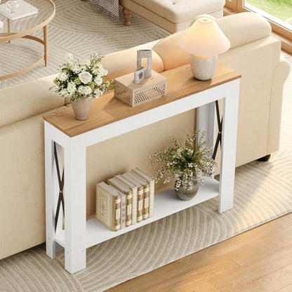 Farmhouse Console Table, 39.4'' Small Narrow Entryway Table, Wood Couch Table Behind Sofa with Storage Shelf, Slim Farmhouse Hallway Table for Hallway, Foyer, White & Light Walnut CT34WV - color: White + Light Walnut