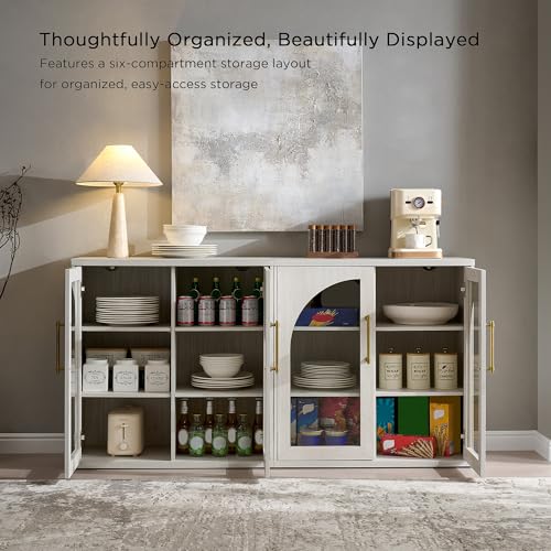 Glass Arched Door Sideboard Buffet Cabinet Set of 2, White | Modular, Multi-Compartment Storage, Adjustable Shelf, Soft Close Hinges, Freestanding, for Dining Room, Living Room - color: White