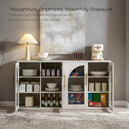 Glass Arched Door Sideboard Buffet Cabinet Set of 2, White | Modular, Multi-Compartment Storage, Adjustable Shelf, Soft Close Hinges, Freestanding, for Dining Room, Living Room - color: White