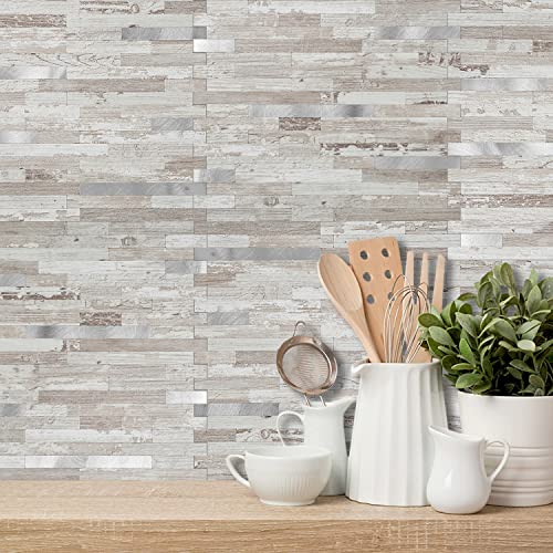 DICOFUN 10-Sheet Peel and Stick Backsplash Tile, Brown Birch PVC Mixed Metal Stick on Backsplash Tiles for Kitchen, 9.4 sq.ft - color: Brown Birch and Metal Silver, size: 10 Sheets, 12’’x12’’x0.12’’