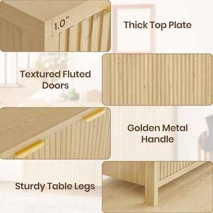 Fluted Buffet Cabinet with Storage, 55" Sideboard Cabinet with 4 Doors, Modern Credenza Accent Console Cabinet Coffee Bar Table for Living Room Dining Room Hallway, Oak - color: Oak