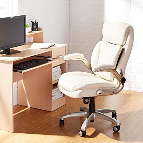 Amazon Basics Ergonomic Executive Office Desk Chair with Lumbar Support, Flip-up Armrests, Adjustable Height, Cream Leather - color: Cream