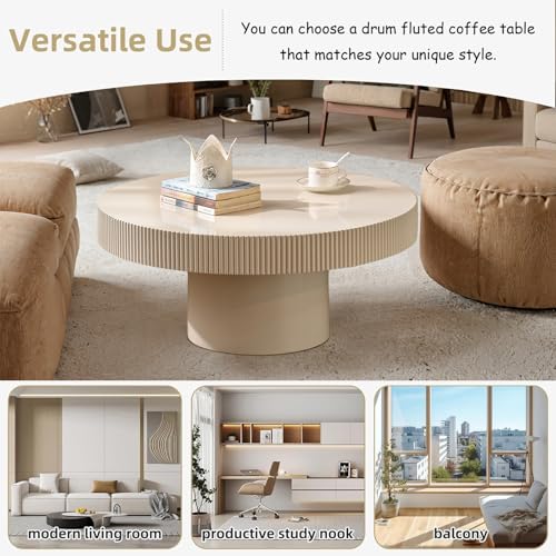 Round Drum Fluted Coffee Table (G) | Modern Wood Coffee Table with Circle Pedestal Center Tables Fluted Accent Tea Tables for Apartment Living Room - color: G