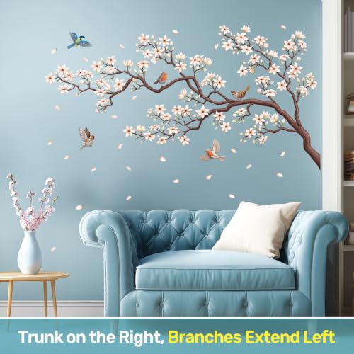 DECOWALL SG2-2509 White Cherry Blossom Wall Decals Elegant Flower Bird Peel and Stick Removable Stickers for Living Room Bedroom Home Décor - color: White Cherry Blossom(right)