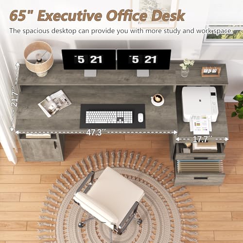 65" Computer Desk with 3 Drawers & Printer Shelf for Home Office | Office Desk with Printer Shelf & File Drawer, Executive Desk Writing Study Table with Monitor Stand, Grey - color: Grey