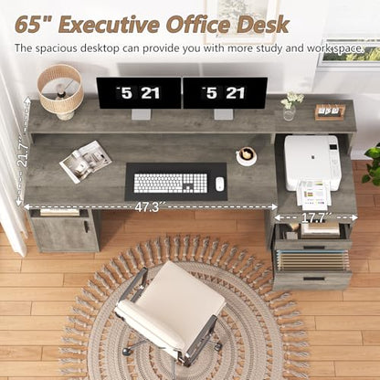 65" Computer Desk with 3 Drawers & Printer Shelf for Home Office | Office Desk with Printer Shelf & File Drawer, Executive Desk Writing Study Table with Monitor Stand, Grey - color: Grey