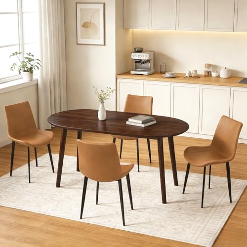 63" Oval Dining Table Set for 4 with Solid Wood Legs | 5 Piece Walnut Dining Table Set for Kitchen and Dining Room Furniture, 4 PU Brown Dining Chairs, Mid Century Modern - color: Walnut Table Brown Chairs