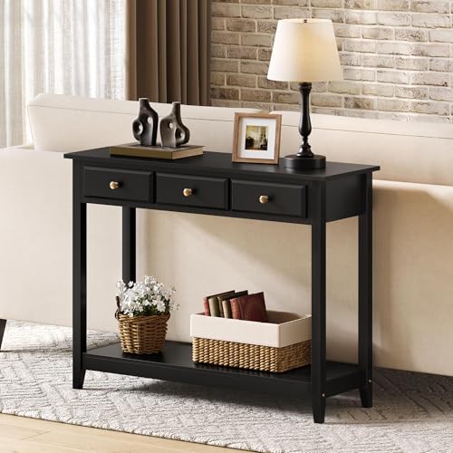 Yaheetech Narrow Black Entryway Console Table with 3 Storage Drawers | Slim Enough for a Hallway, the Top Holds Up to 55 lb over a Lower Shelf for Everyday Extras, Built from Painted MDF - color: Black