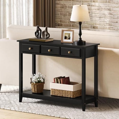 Yaheetech Narrow Black Entryway Console Table with 3 Storage Drawers | Slim Enough for a Hallway, the Top Holds Up to 55 lb over a Lower Shelf for Everyday Extras, Built from Painted MDF - color: Black