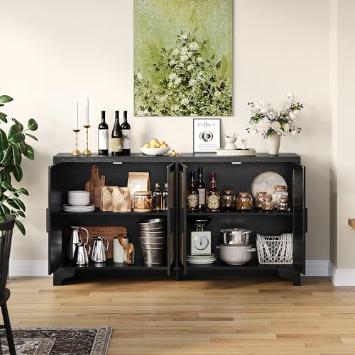 Rattan Sideboard Cabinet, 4-Door Buffet Storage for Entryway Living Room | Adjustable shelves and compartments organize shoes, decor, tableware, and essentials for apartments, homes, & family spaces.