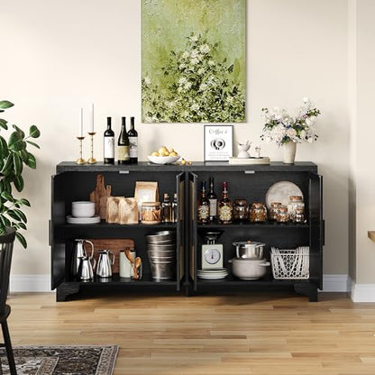 Rattan Sideboard Cabinet, 4-Door Buffet Storage for Entryway Living Room | Adjustable shelves and compartments organize shoes, decor, tableware, and essentials for apartments, homes, & family spaces.