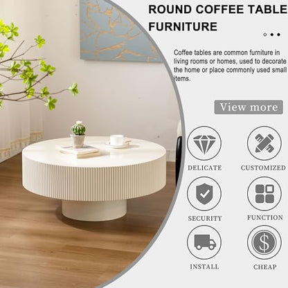 Round Fluted Drum Coffee Table with Pedestal Base | 30.9'' Modern White Wooden Drum Center Table, Handcrafted Wood Fluted Edge, For Living Room & Apartment - color: White Thick