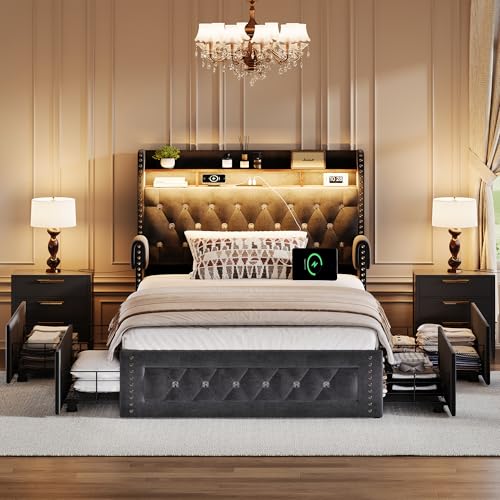 Ailisite Twin Size Bed Frame with 4 Storage Drawers and RGB Led Lights,Velvet Upholstered Platform Bed with Charging Station and Bookcase Storage Headboard, with Crystal and Rivet Deco, Grey - color: Grey, size: Twin
