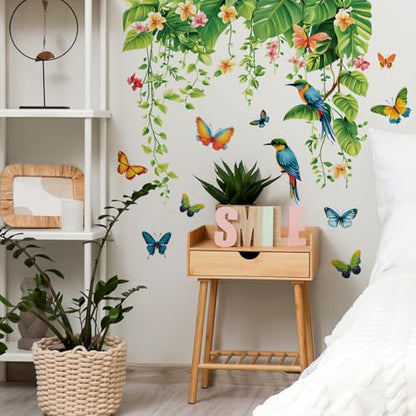 Tropical Green Plants Leaves Wall Decals Removable Hanging Vines Wall Stickers Peel and Stick Birds Butterfly Wall Decor for Bedroom Living Room Bathroom Classroom Decorations - style: Tropical Green Plants