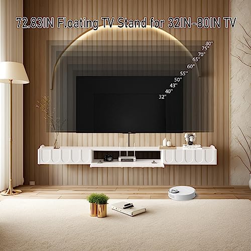 Floating TV Shelf in Solid Wood, 73'' High Gloss Wall Mounted TV Cabinet, Floating Shelves with Door & Drawers, Modern Entertainment Media Console Center Large Storage TV Bench (White) - size: 72.83''