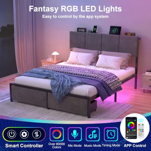 J.Fkne Queen Bed Frame with Charging Station and LED Lights, Metal Platform Bed with 2 Storage Drawers, Upholstered Headboard, Noise Free, No Box Spring Needed, Easy Assembly