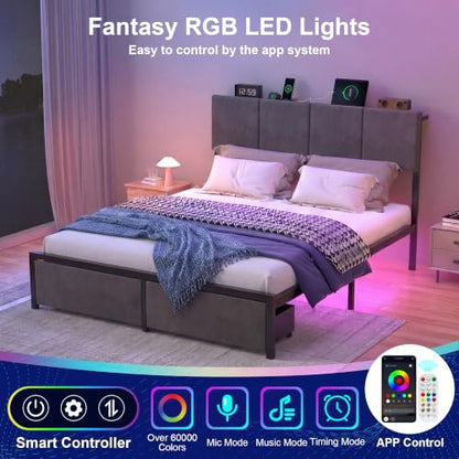 J.Fkne Queen Bed Frame with Charging Station and LED Lights, Metal Platform Bed with 2 Storage Drawers, Upholstered Headboard, Noise Free, No Box Spring Needed, Easy Assembly
