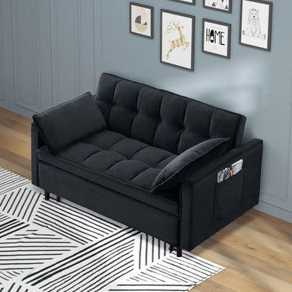 3 in 1 Convertible Sleeper Sofa Bed, Velvet Loveseat Futon Pull-Out Couch with Adjustable Reclining Backrest, Side Pockets and Pillows for Living Room, Bedroom, Apartment, Small Spaces (Black-Velvet) - color: Black-velvet