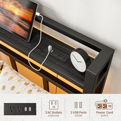 Twin Bed Frame with Headboard,Single Bed Frame with Charging Station and LED Lights,Metal Platform Bed Twin Sizes,No Box Spring Needed,Easy Assembly,Black (Black, Twin) - size: Twin, style: Modern Twin