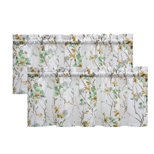July Joy Printed Valance Linen Textured for Living Room Floral Leaf Design Sheer Curtains Farmhouse Style Window Panel Drapes Set Rod Porket Treatment for Bedroom, Dining, 52 x 18 inch, Green - color: Green