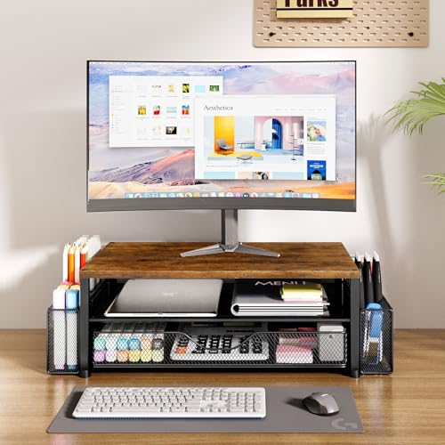 Desk Organizer and Accessories, 2-Tier Computer Monitor Stand Riser with Drawer and 2 Pen Holders, Laptop Stand, Office Desk Accessories for Office Supplies, 1 Pack, Brown - color: Brown 1-Pack, size: 2-Tier